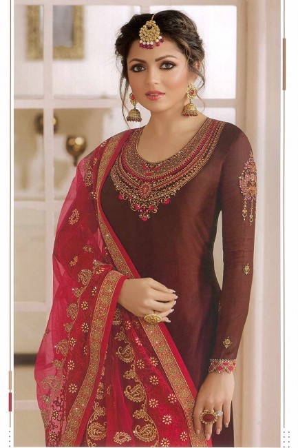 Red Satin Georgette Churidar Suits with dupatta