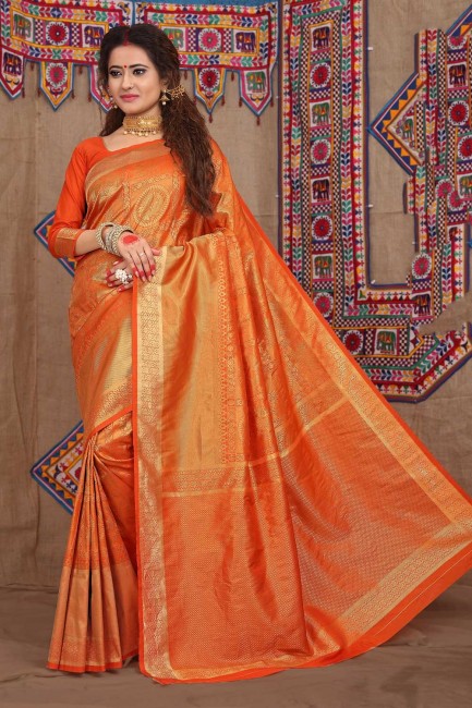 Orange Weaving Saree in Jacquard & Silk