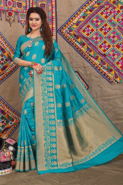 Weaving Saree in Turquoise Blue Jacquard & Silk