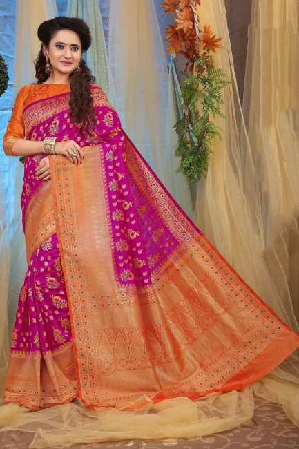 Weaving Jacquard & Silk Rani Pink Saree Blouse