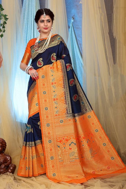 Weaving Jacquard & Silk Saree in Navy Blue
