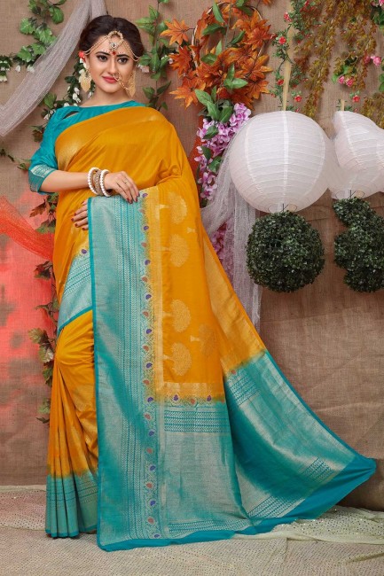 Weaving Jacquard & Silk Saree in Musturd Yellow with Blouse