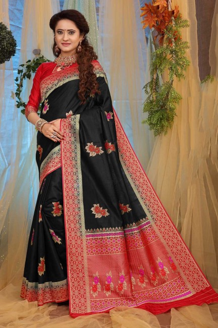 Jacquard & Silk Black Saree in Weaving
