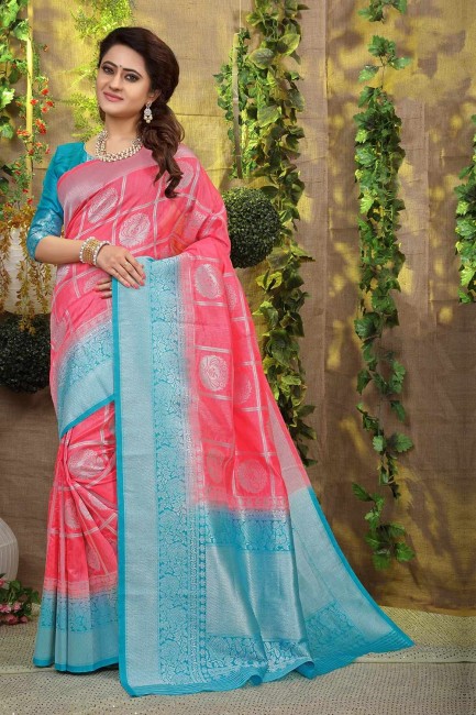 Weaving Jacquard & Silk Pink Saree Blouse