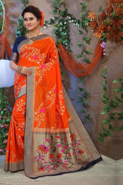 Weaving Jacquard & Silk Saree in Orange with Blouse