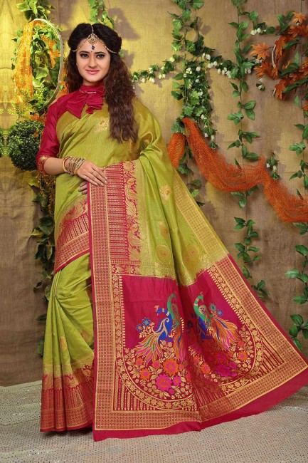 Pear Green Saree with Weaving Jacquard & Silk