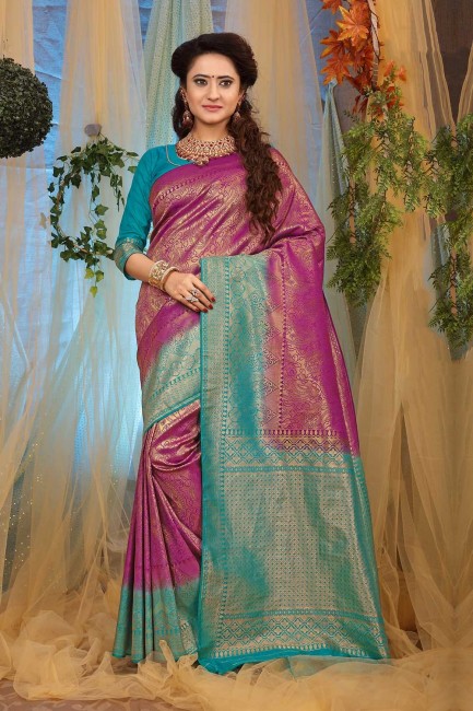 Jacquard & Silk Saree in Light Purple with Weaving