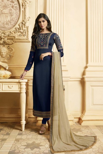 Latest Navy Blue Satin Georgette Churidar Suits with dupatta