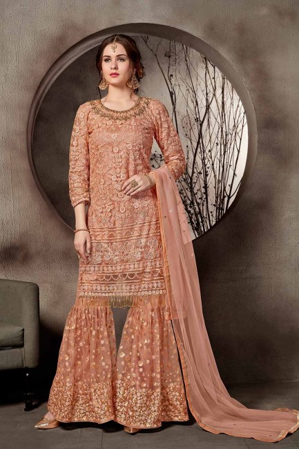 Net Palazzo Suits in Dark Peach with Net