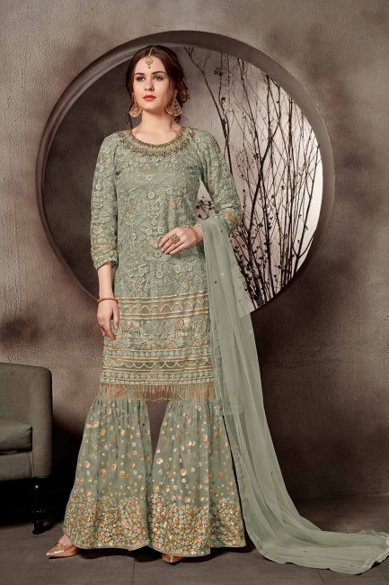 Pastle Green Net Palazzo Suits in Net