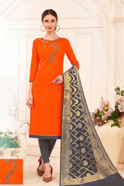 Ethinc Cotton Churidar Suits in Orange with dupatta