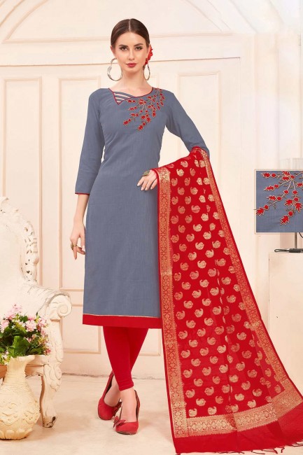 Cotton Churidar Suits in Grey with dupatta