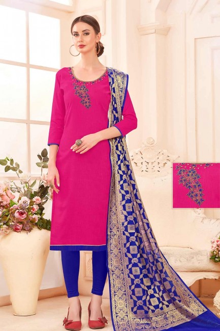 Cotton Churidar Suits in Dark Pink with dupatta