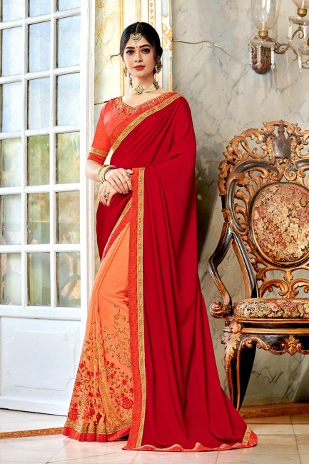 Georgette Saree with Embroidered in Light Orange & Red