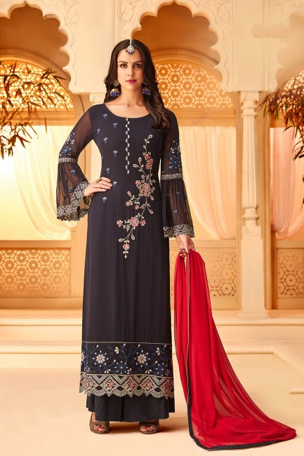 Navy Blue Georgette Palazzo Suits with Georgette