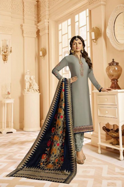 Churidar Suits in Grey Satin Georgette with Satin Georgette