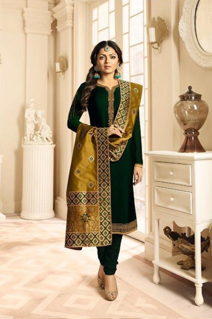 Stunning Dark Green Satin Georgette Churidar Suits with Satin Georgette