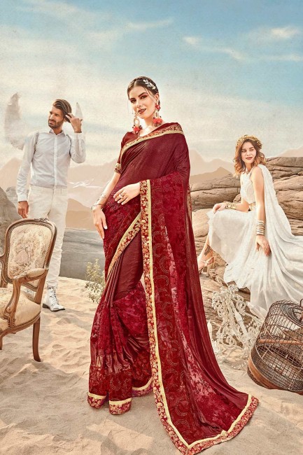 Maroon Saree in Embroidered Net & Lycra
