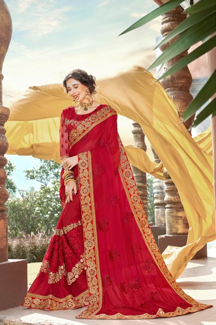 Splendid Red Saree in Embroidered Georgette