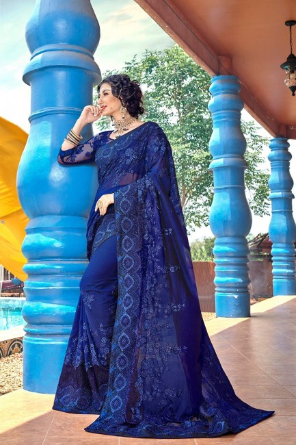 Royal Blue Saree in Embroidered Georgette