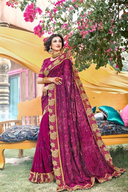 Georgette Embroidered Purple Saree with Blouse