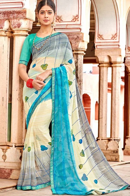 sky Blue & Cream Saree in Georgette with Printed