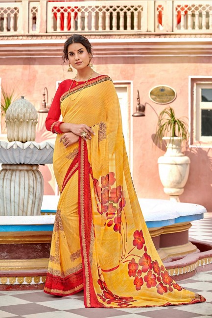 Yellow & Red Printed Saree in Georgette