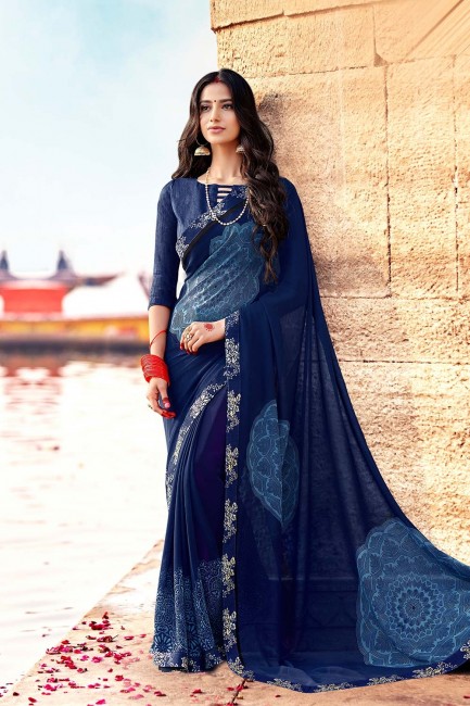 Georgette Saree with Printed in Navy Blue