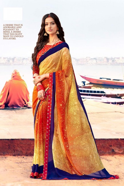 Navy Orange & Yellow Georgette Saree with Printed