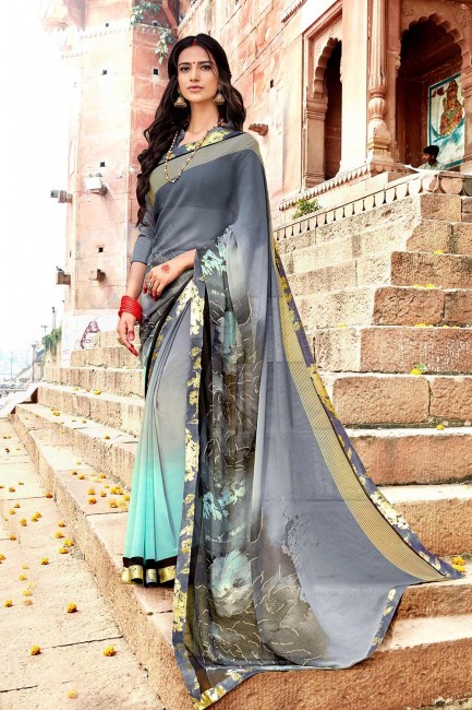 Saree in Grey Georgette with Printed