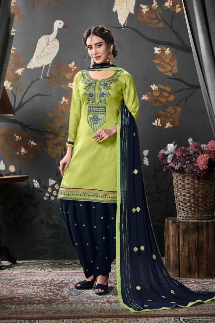 Light Green Patiala Suits in Silk with Cotton