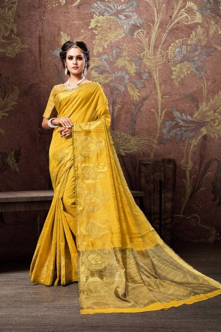 Saree in Yellow Cotton & Silk with Weaving