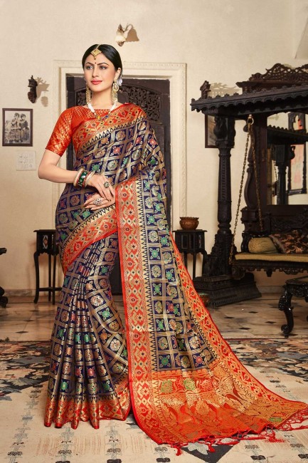 Luring Navy Blue Art Silk Weaving Saree with Blouse