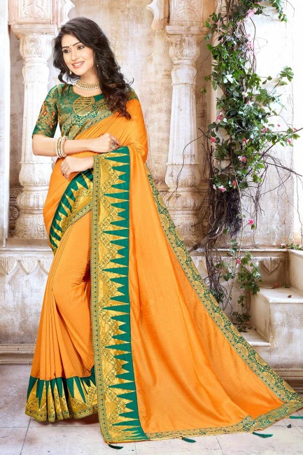 Musturd Yellow Silk Embroidered Saree with Blouse