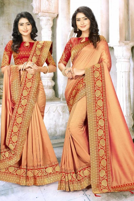 Peach Silk Saree with Embroidered