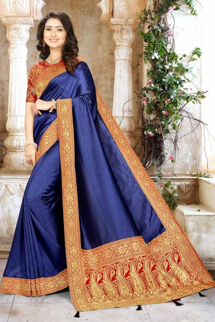 Royal Blue Saree in Silk with Embroidered