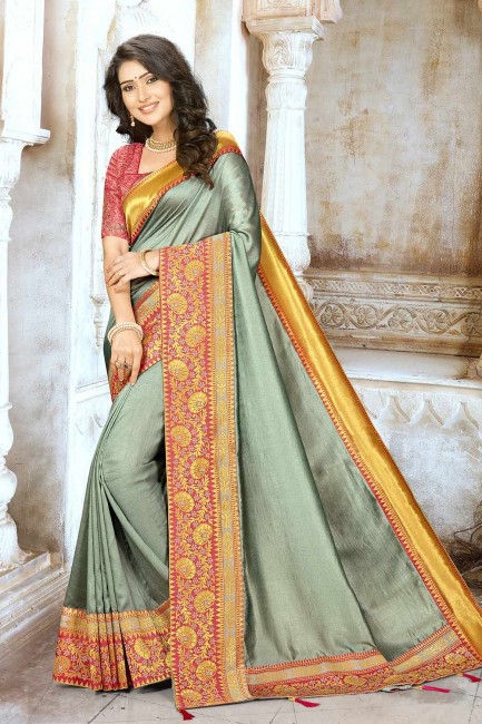 Latest Ethnic Grey Saree with Embroidered Silk