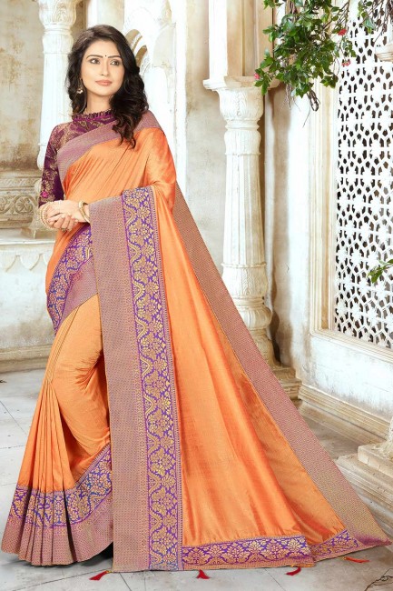 Embroidered Saree in Orange Silk