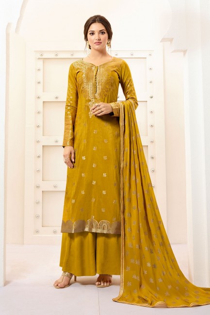Banarasi raw Silk Musturd Yellow Palazzo Suits in Banarasi raw Silk