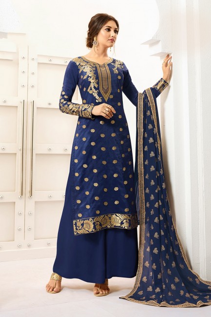 Banarasi raw Silk Banarasi raw Silk Royal Blue Palazzo Suits with dupatta