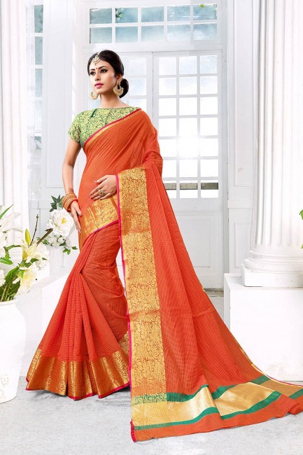 Cotton & Silk Saree with Weaving in Orange