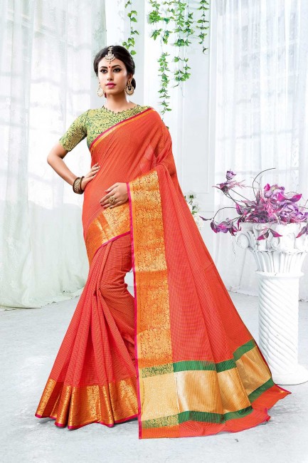 Weaving Saree in Orange Cotton & Silk