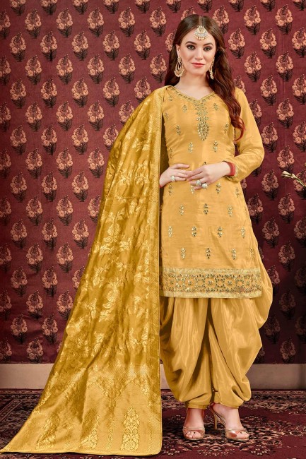 Art Silk Patiala Suits with Art Silk in Yellow