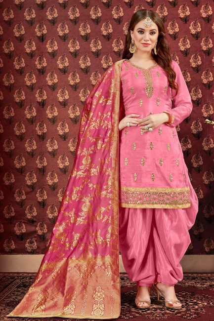 Dark Pink Patiala Suits in Art Silk with Art Silk