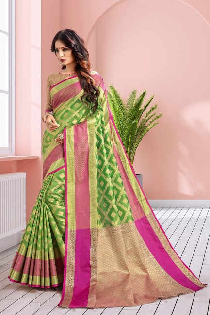 Art Silk Weaving Green Saree with Blouse