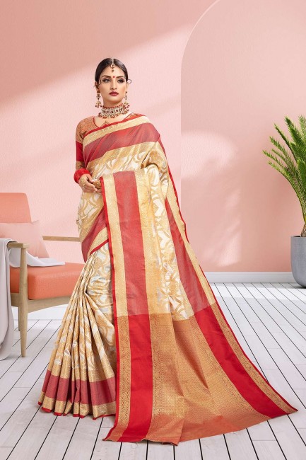 Beautiful off White Saree in Weaving Art Silk