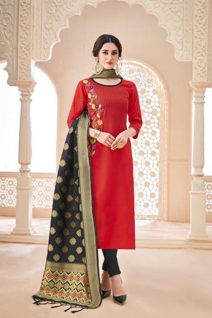 Red Churidar Suits in Cotton with Cotton