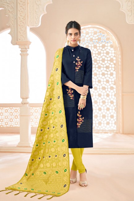 Cotton Churidar Suits in Navy Blue with Cotton