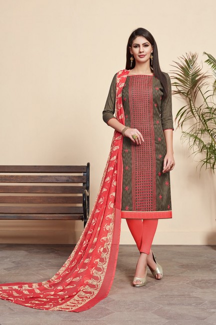 Cotton Silk Churidar Suits in Brown with dupatta