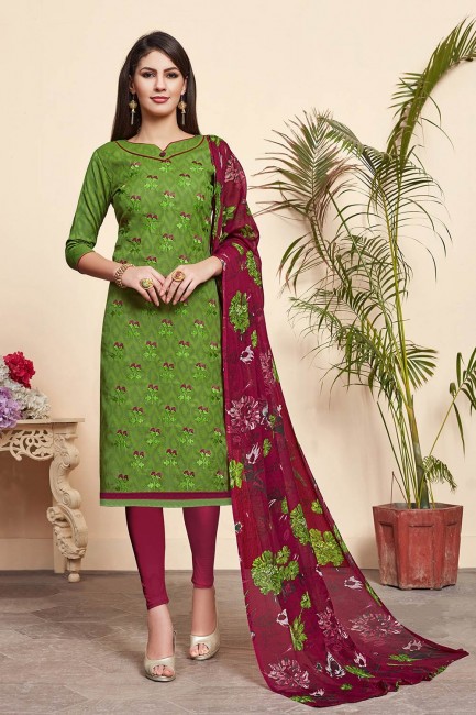 Cotton Silk Churidar Suits in Green